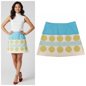 Boden Lara Embroidered A-Line Mini Skirt Cotton Blue Green Circles Stripes 12R
